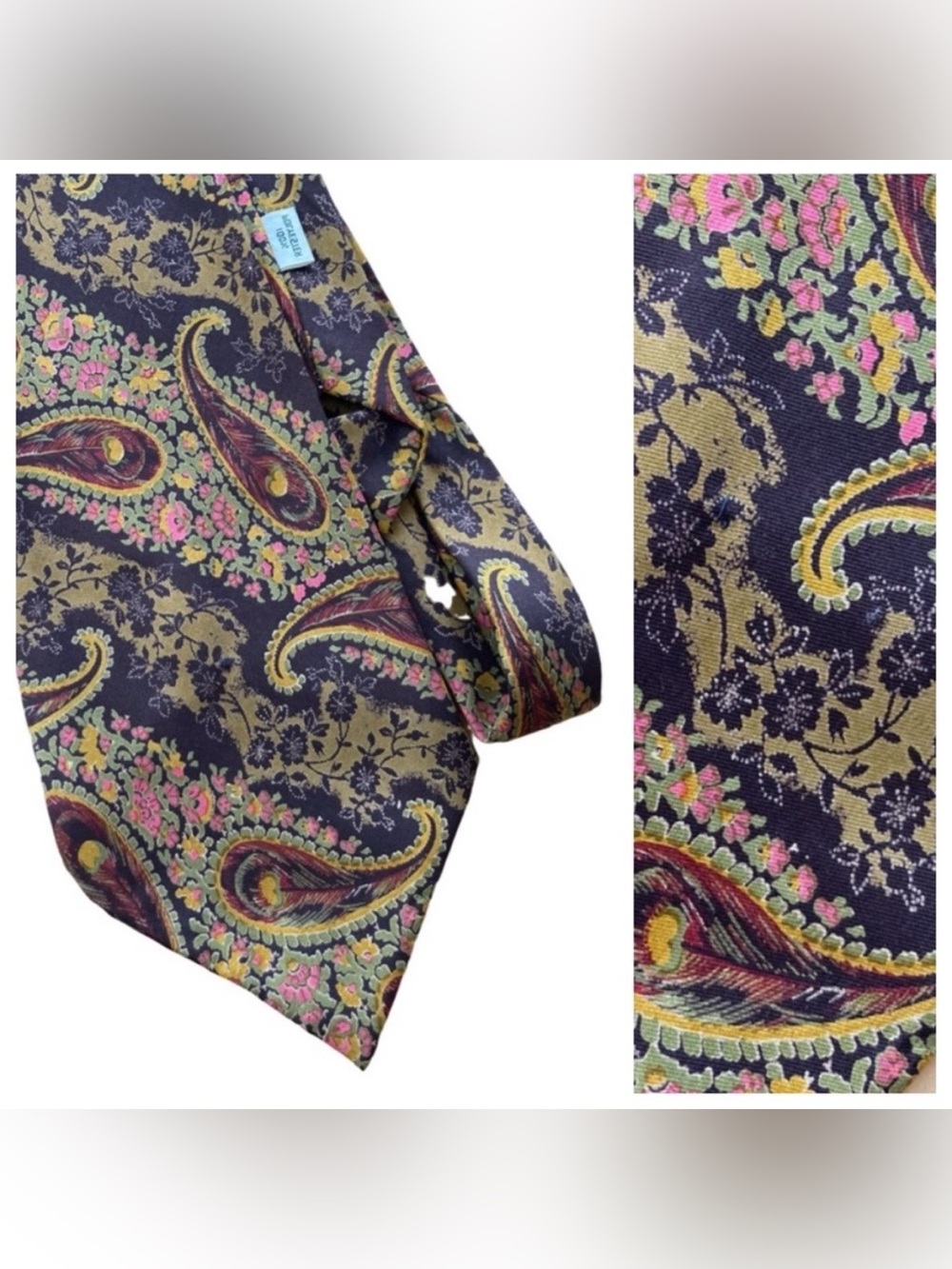 Vintage Men’s Necktie Brown Gold Green Pink Rust Shades of Paisley Floral